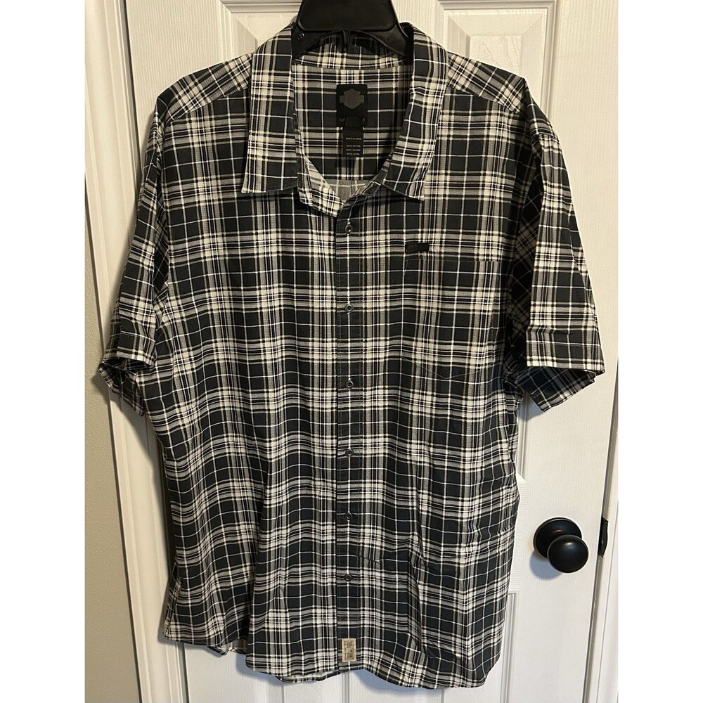 Harley-Davidson Moto Gray White Maroon Plaid Button 100% Cotton Shirt 2XL, Biker